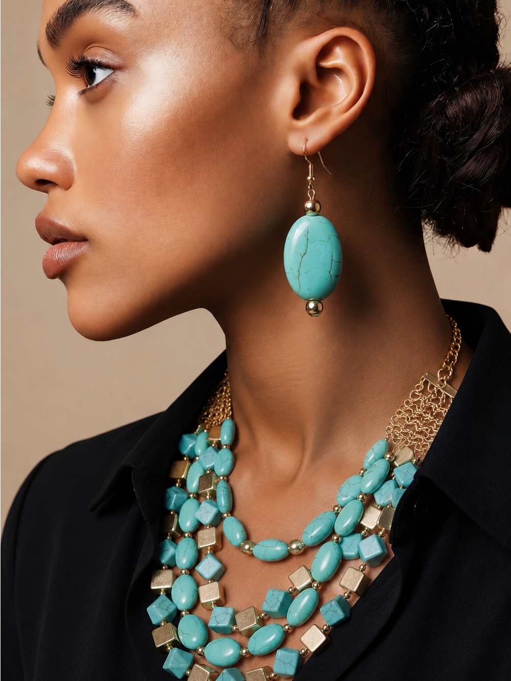 Hannah Collection Turquoise & Gold Statement Necklace Set – NWT